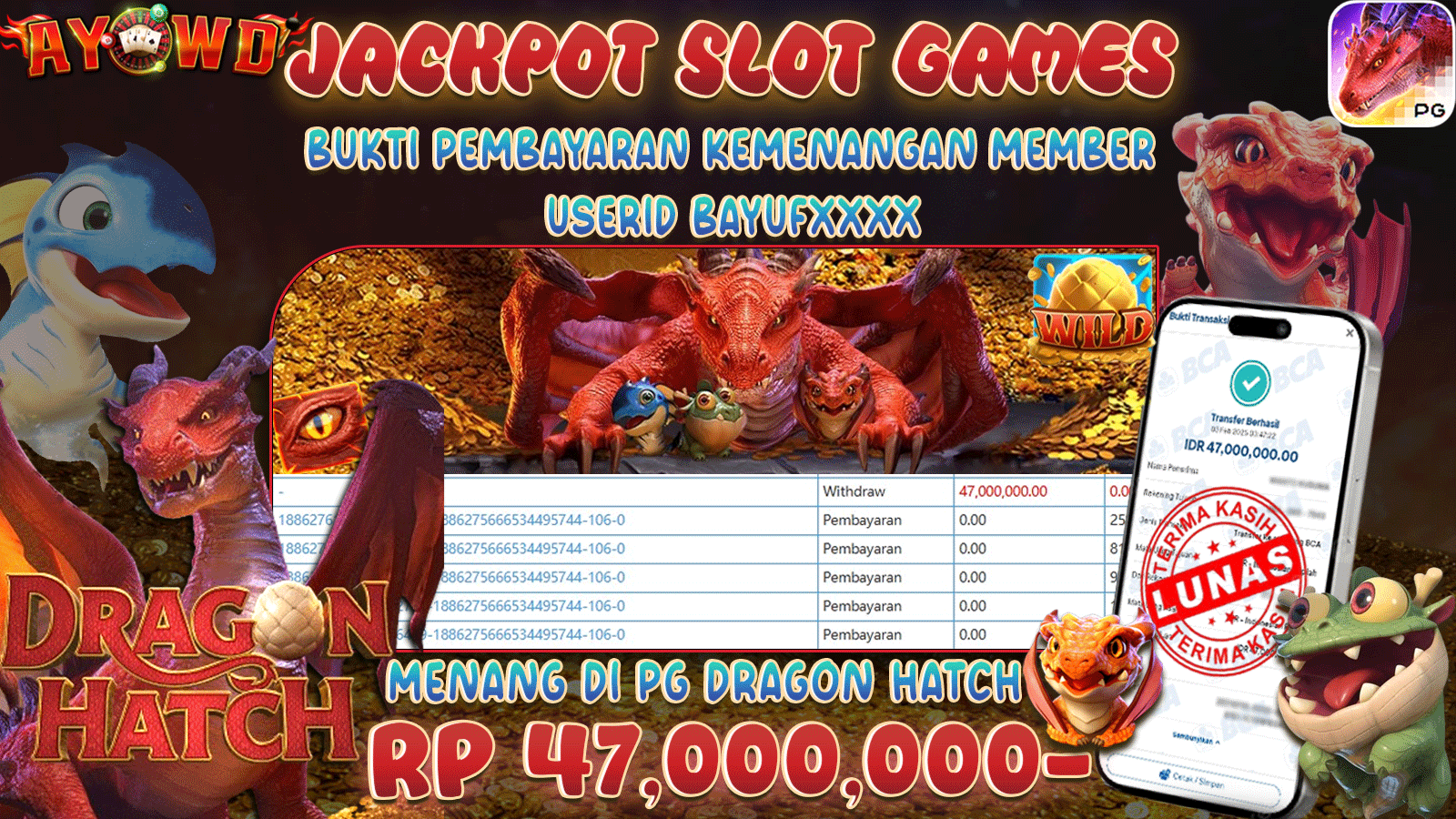 AYOWD JACKPOT SLOT GAMES PG DRAGON HATCH Rp 47,000,000 - LUNAS