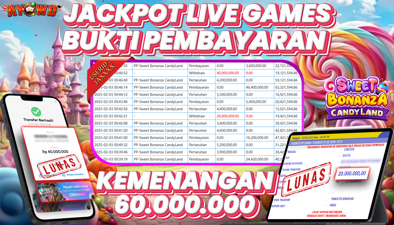 AYOWD JACKPOT LIVE GAMES PP-Sweet Bonanza CandyLand Rp 60,000,000,- LUNAS