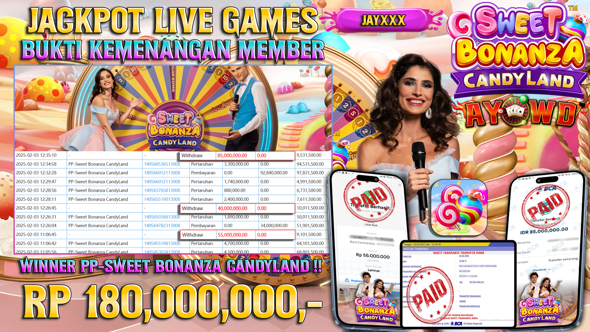AYOWD JACKPOT LIVE GAMES PP-Sweet Bonanza CandyLand Rp 180,000,000,- LUNAS