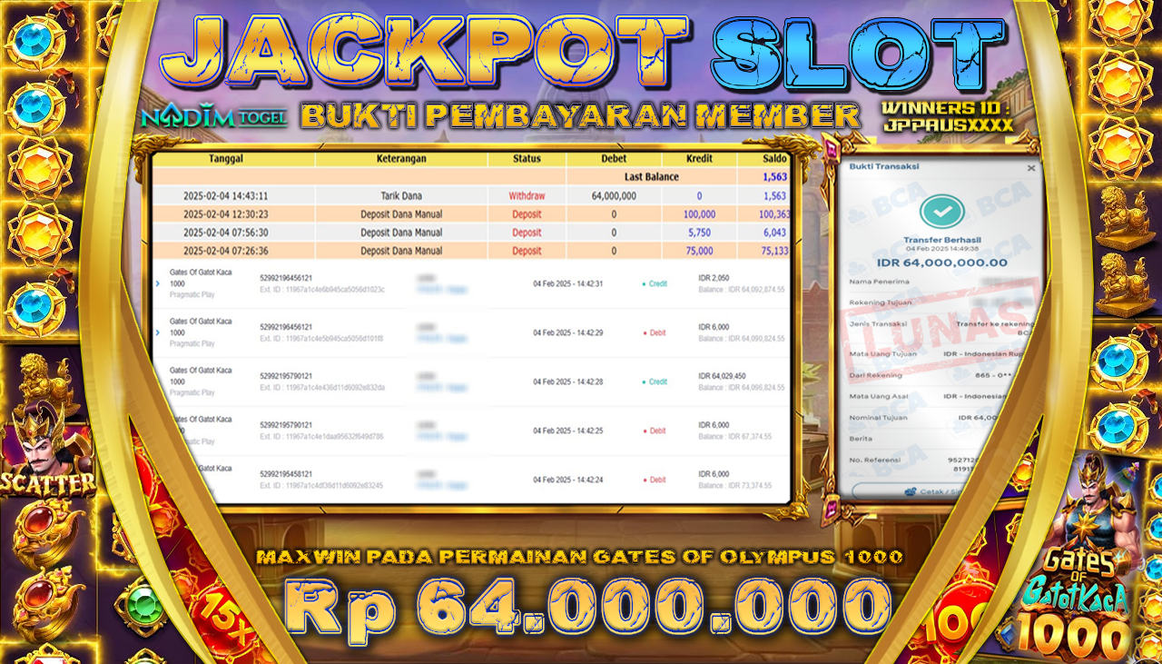 NADIMTOGEL JACKPOT SLOT GATES OF GATOTKACA 1000 Rp 64.000.000,- LUNAS