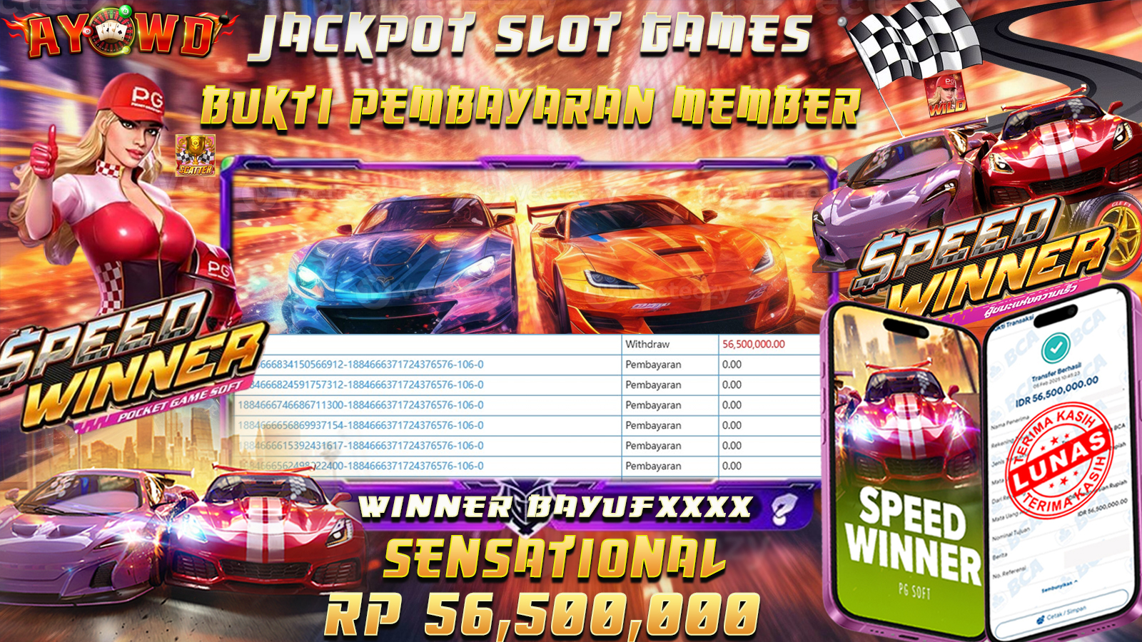 AYOWD JACKPOT SLOT GAMES PG-SPEED WINNER Rp 56,500,000 - LUNAS