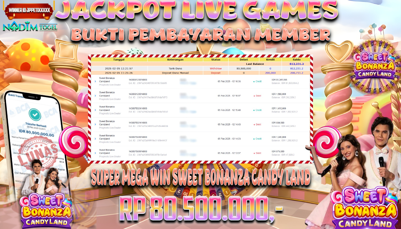 NADIMTOGEL JACKPOT LIVE SWEET BONANZA CANDY LAND Rp.80.500.000,- LUNAS
