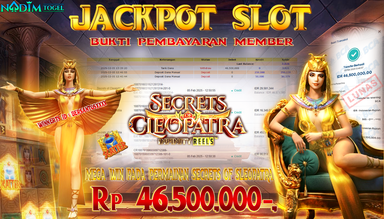 NADIMTOGEL JACKPOT SLOT SECRETS OF CLEOPATRA Rp 46,500,000,- LUNAS