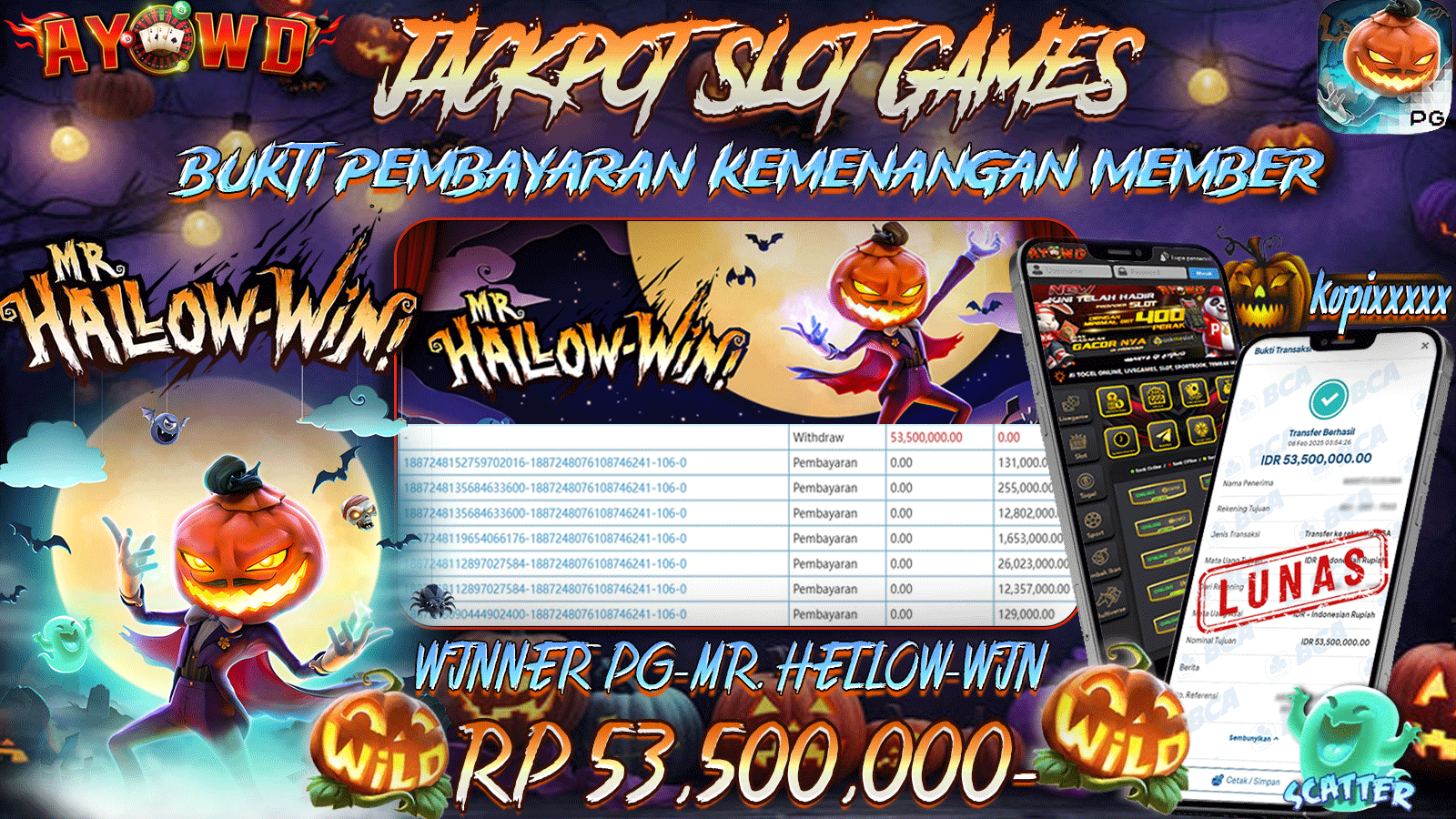 AYOWD JACKPOT SLOT GAMES PG-MR.HALLOW-WIN Rp 53,500,000,- LUNAS