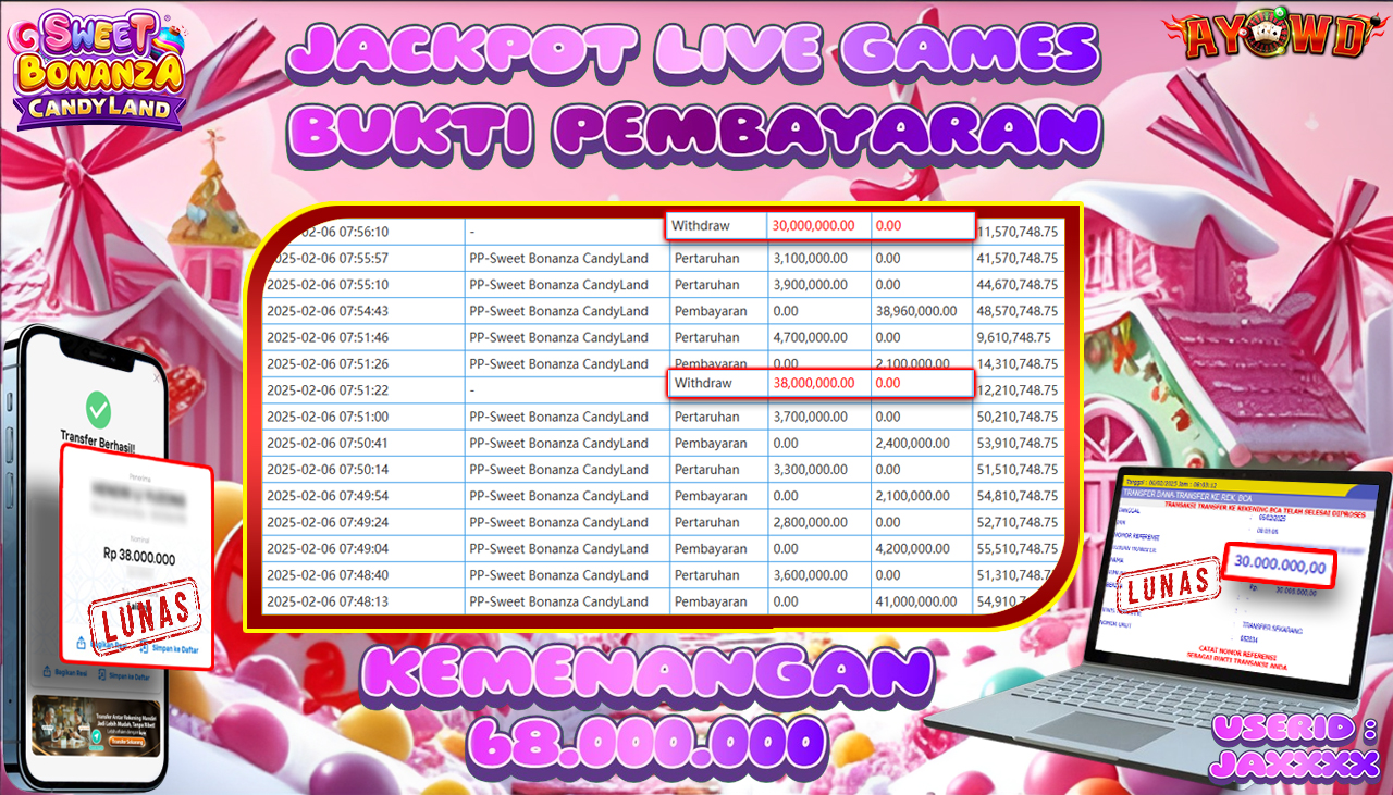 AYOWD JACKPOT LIVE GAMES PP-Sweet Bonanza CandyLand Rp 68,000,000,- LUNAS