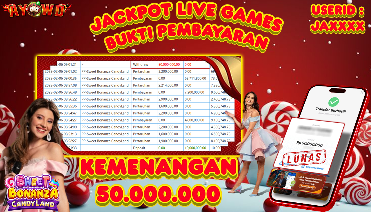 AYOWD JACKPOT LIVE GAMES PP-Sweet Bonanza CandyLand Rp 50,000,000,- LUNAS