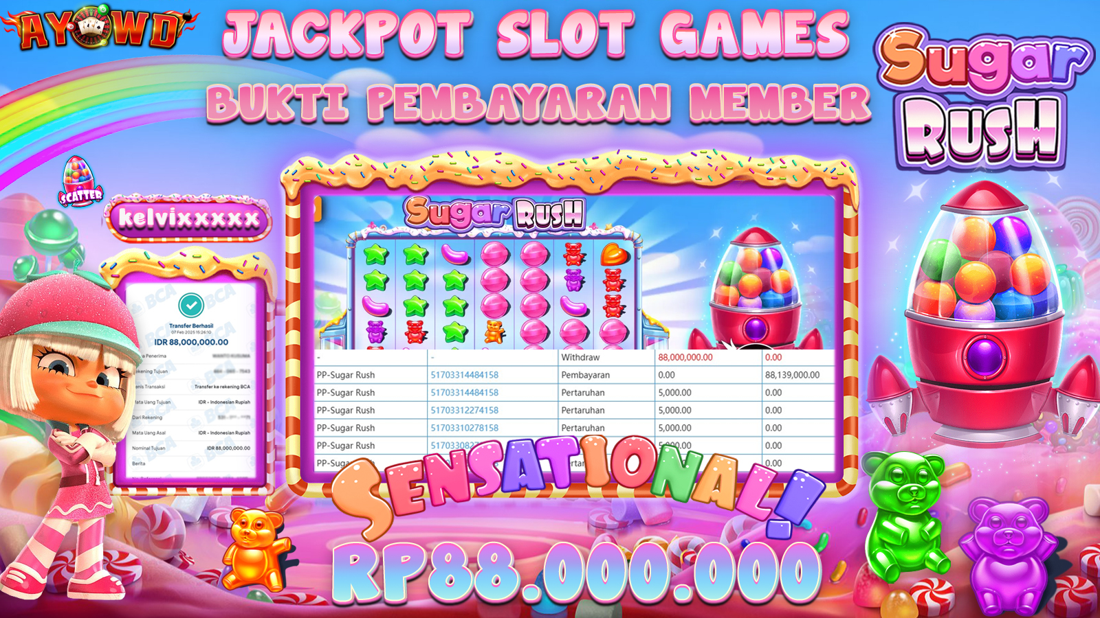 AYOWD JACKPOT SLOT GAMES PP-SUGAR RUSH Rp 88,000,000,- LUNAS