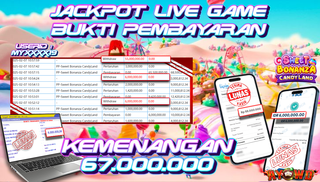 AYOWD JACKPOT LIVE GAMES PP-Sweet Bonanza CandyLand Rp 67,000,000,- LUNAS