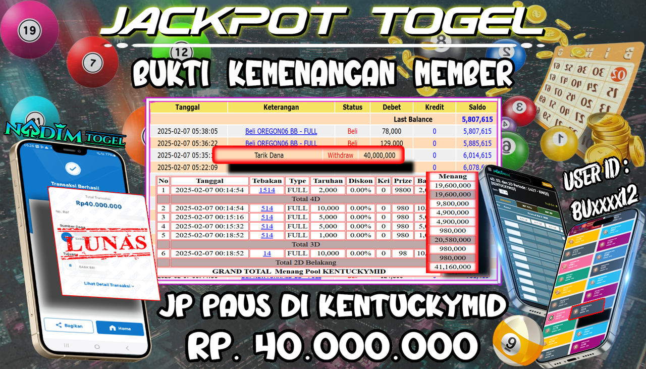 NADIMTOGEL JACKPOT TOGEL KENTUCKYMID Rp 40.000.000,- LUNAS