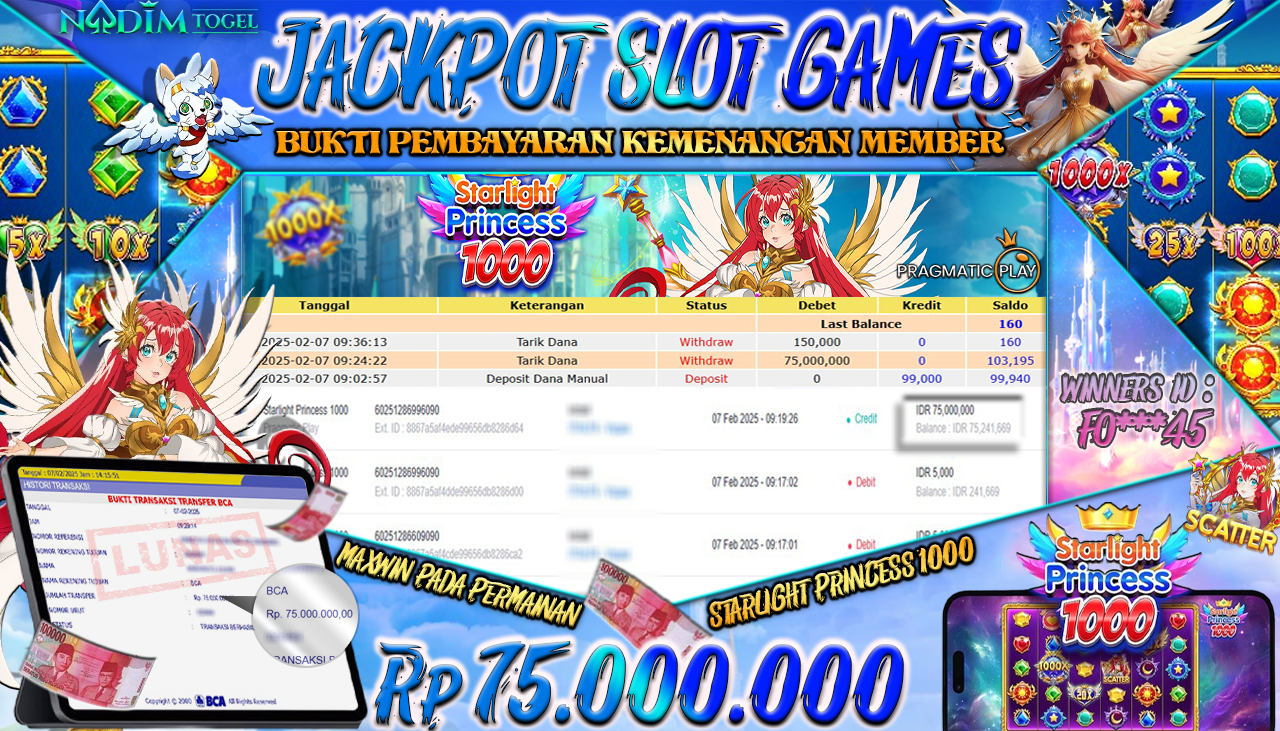 NADIMTOGEL JACKPOT SLOT STARLIGHT PRINCESS 1000 Rp 75.000.000,- LUNAS