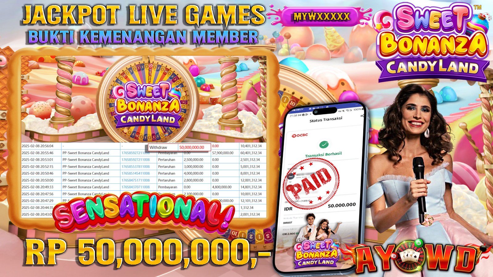 AYOWD JACKPOT LIVE GAMES PP-Sweet Bonanza CandyLand Rp 50,000,000,- LUNAS