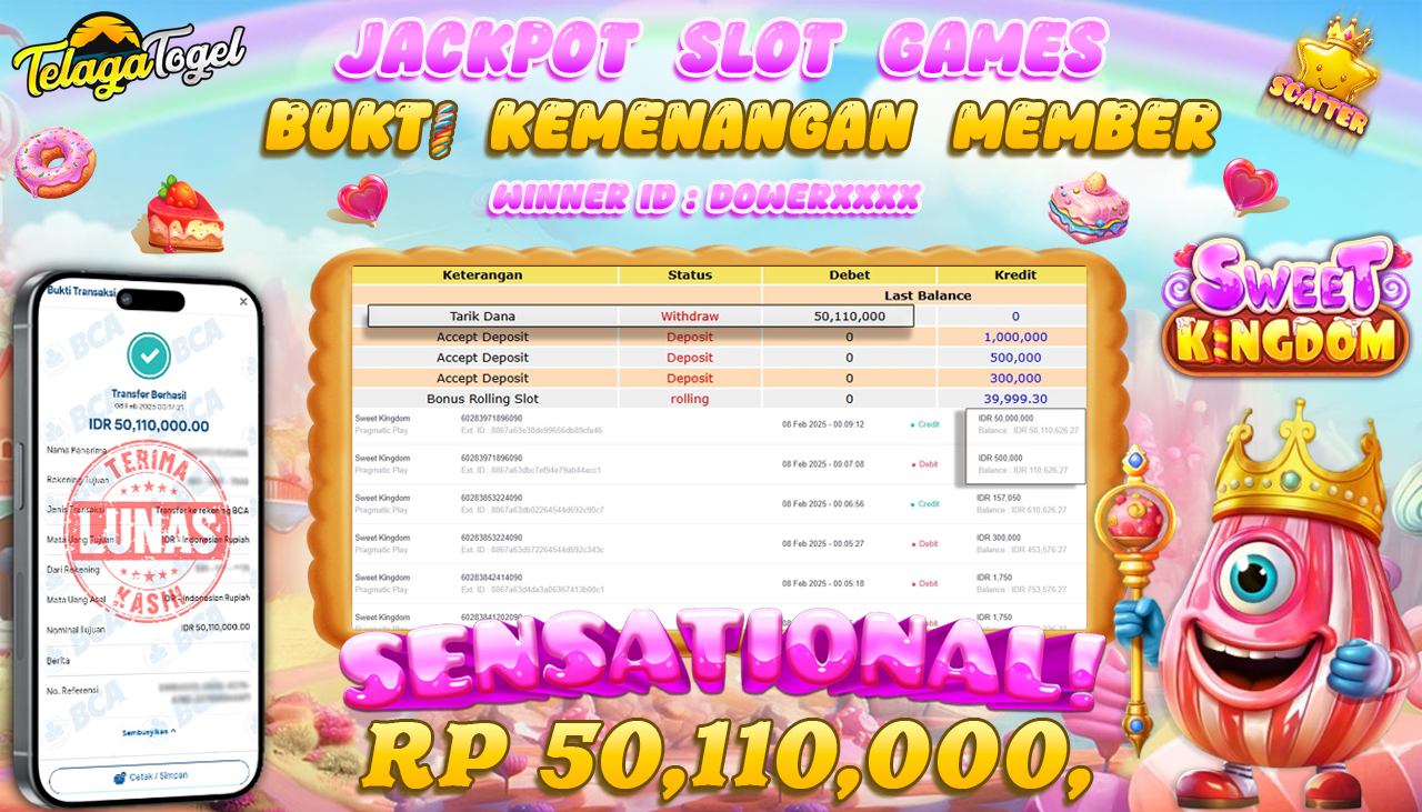 TELAGATOGEL JACKPOT SLOT SWEET KINGDOM Rp 50,110,000 ,- LUNAS