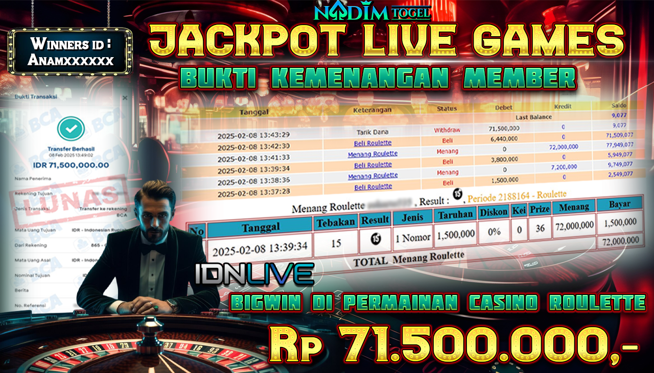 NADIMTOGEL JACKPOT LIVE GAMES ROULETTE Rp 71.500.000,- LUNAS
