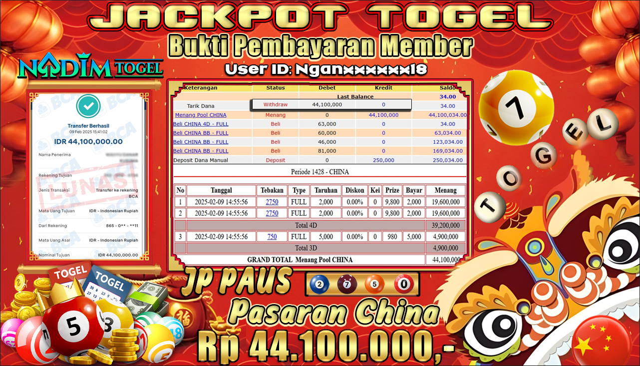 NADIMTOGEL JACKPOT TOGEL PASARAN CHINA Rp.44.100.000,- LUNAS