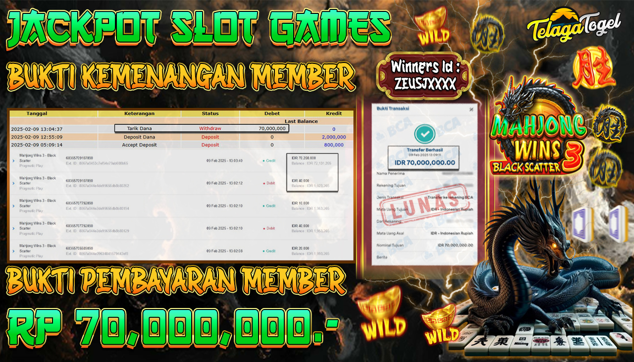 TELAGATOGEL JACKPOT SLOT MAHJONG WINS 3 - BLACK SCATTER Rp 70,000,000 ,- LUNAS