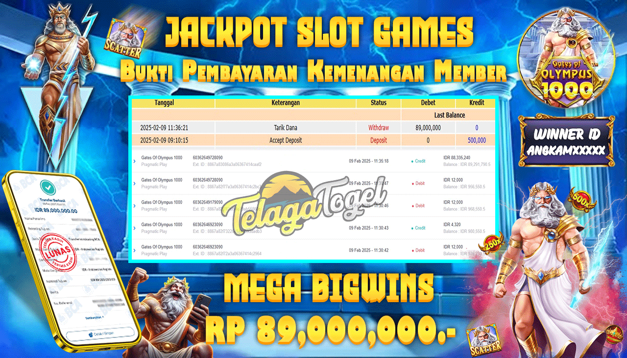 TELAGATOGEL JACKPOT SLOT GATES OF OLYMPUS 1000 Rp 89,000,000 ,- LUNAS