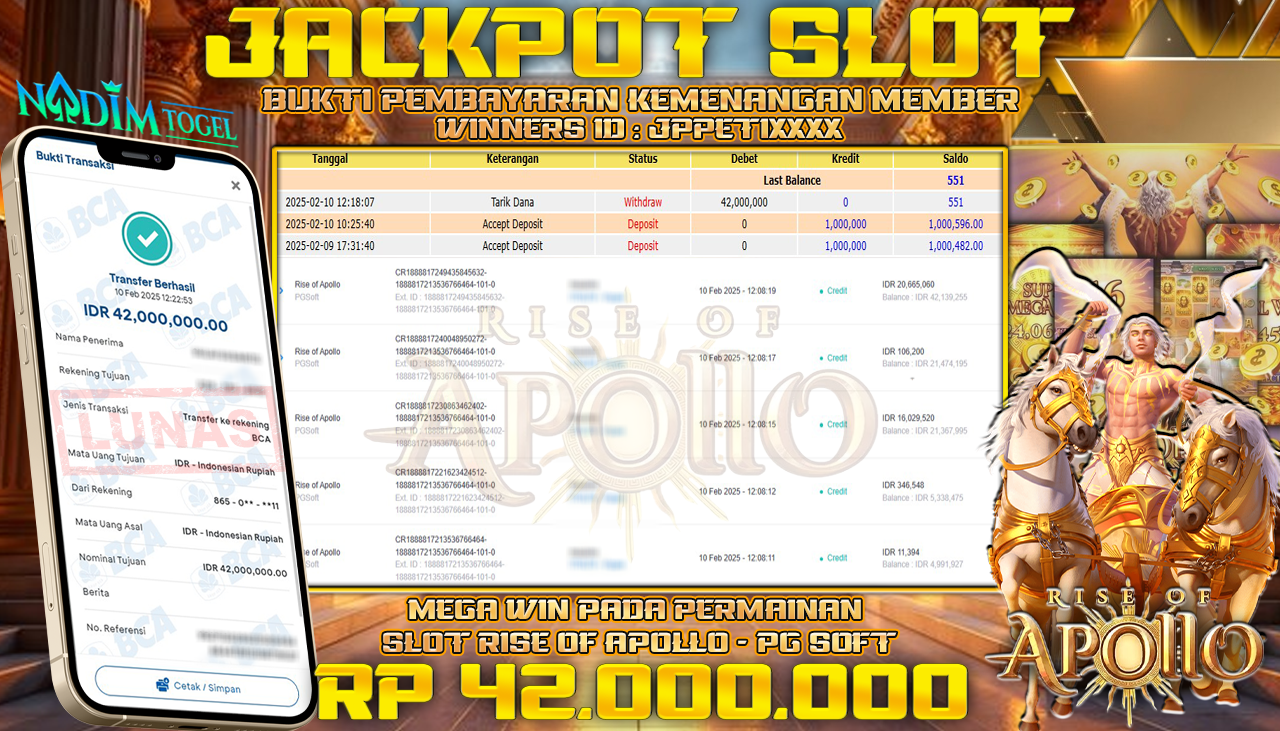 NADIMTOGEL JACKPOT SLOT RISE OF APOLLO Rp 42,000,000,- LUNAS