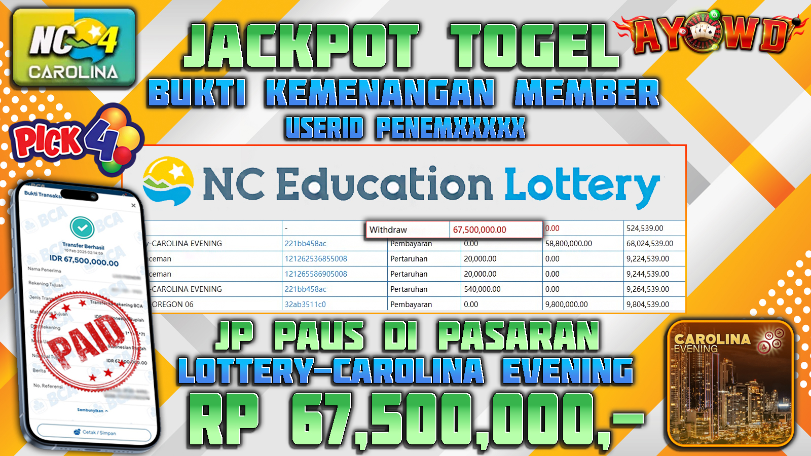 AYOWD JACKPOT TOGEL Lottery-CAROLINA EVENING Rp 67,500,000,- LUNAS