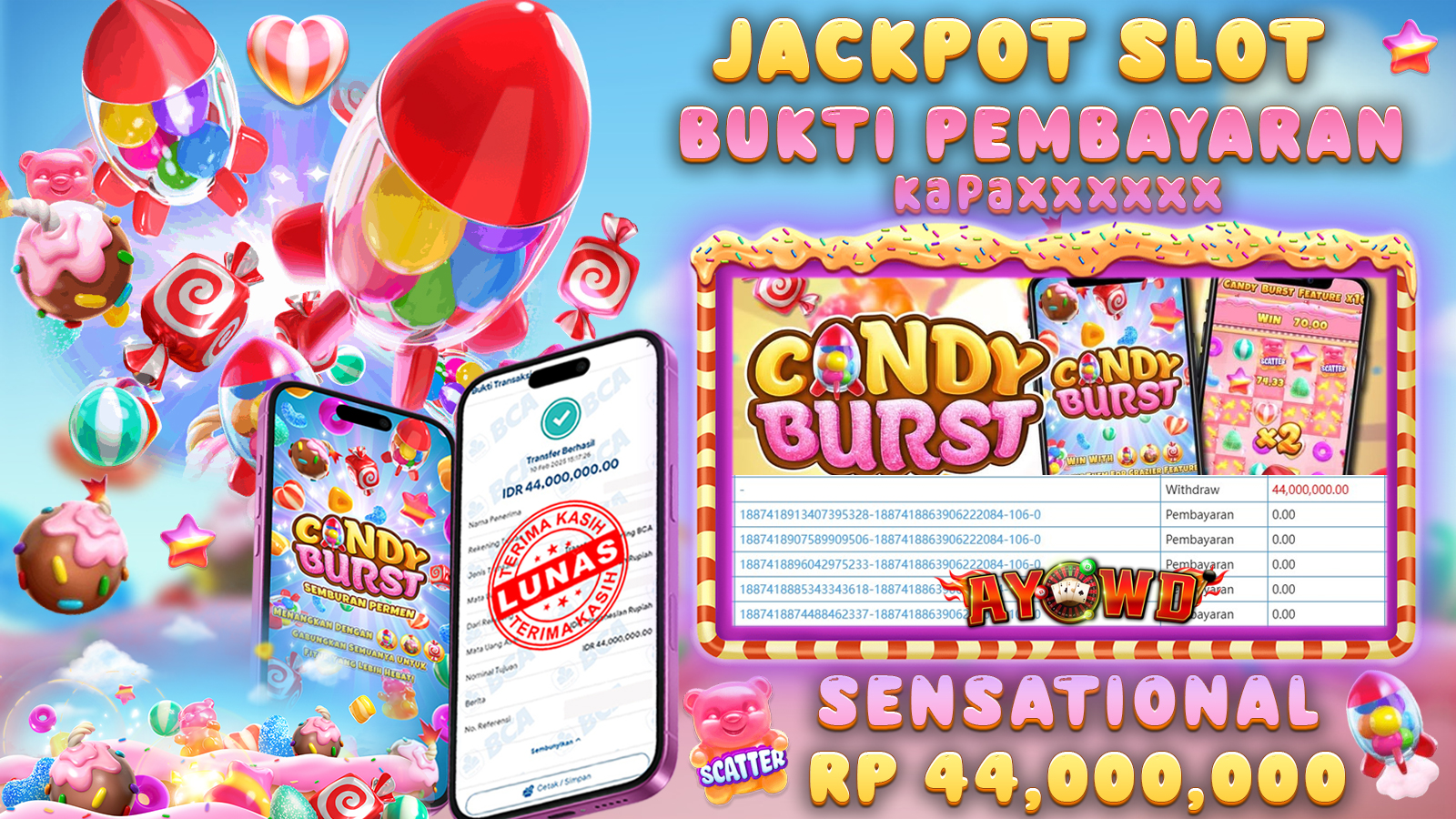 AYOWD JACKPOT SLOT GAMES PG-CANDY BURST Rp 44,000,000,- LUNAS