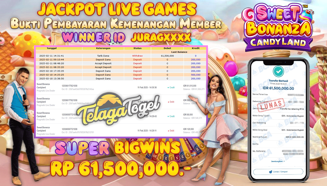 TELAGATOGEL JACKPOT LIVE GAMES SWEET BONANZA CANDYLAND Rp 61,500,000 ,- LUNAS