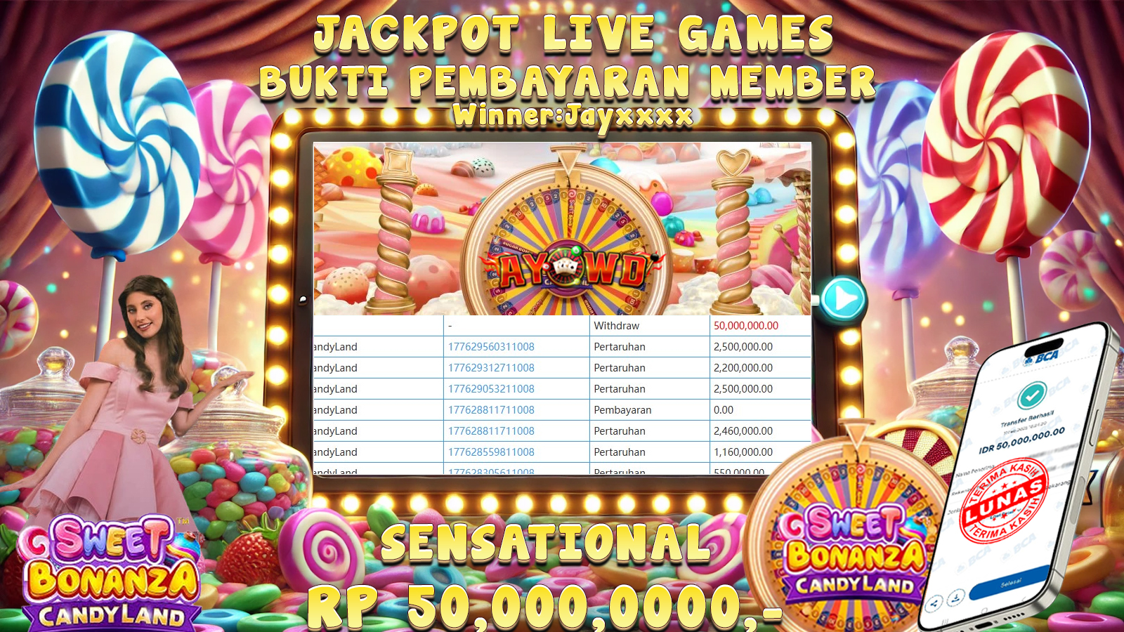 AYOWD JACKPOT LIVE GAMES PP-Sweet Bonanza CandyLand Rp 50,000,000,- LUNAS