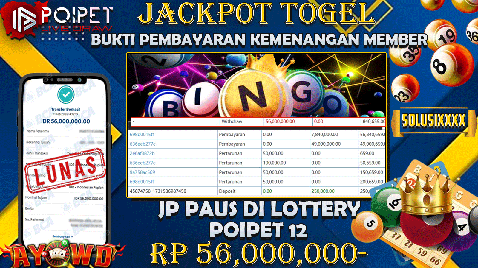 AYOWD JACKPOT TOGEL POIPET 12 Rp 56,000,000,- LUNAS