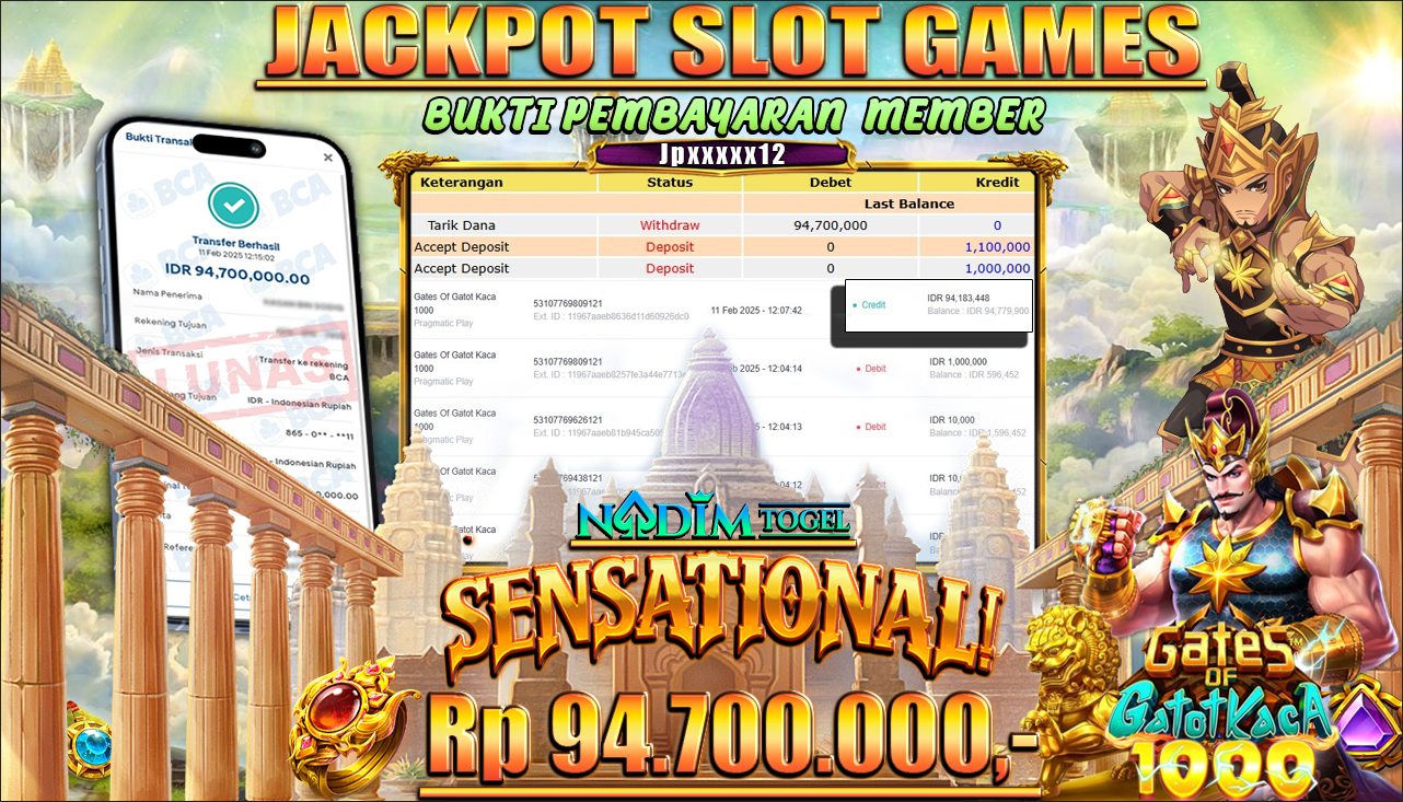 NADIMTOGEL JACKPOT SLOT GATES OF GATOT KACA 1000 Rp.94.700.000,- LUNAS