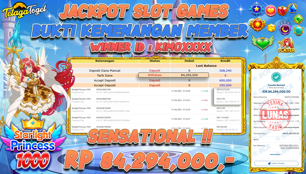 TELAGATOGEL JACKPOT SLOT STARLIGHT PRINCESS 1000 Rp 84,294,000 ,- LUNAS