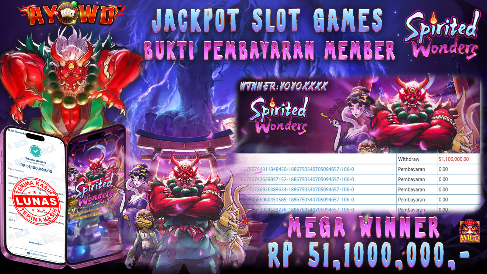 AYOWD JACKPOT SLOT GAMES PG-SPIRITED WONDERS Rp 51,100,000,- LUNAS