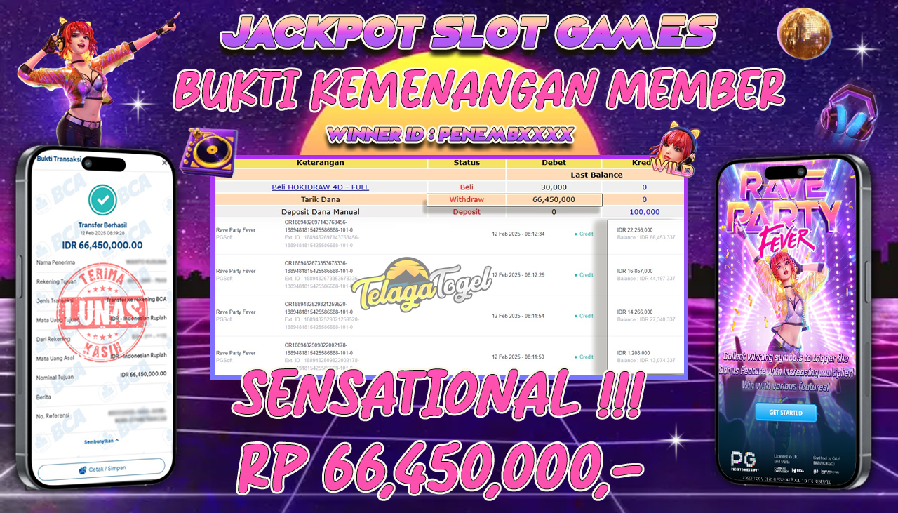 TELAGATOGEL JACKPOT SLOT RAVE PARTY FEVER Rp 66,450,000 ,- LUNAS