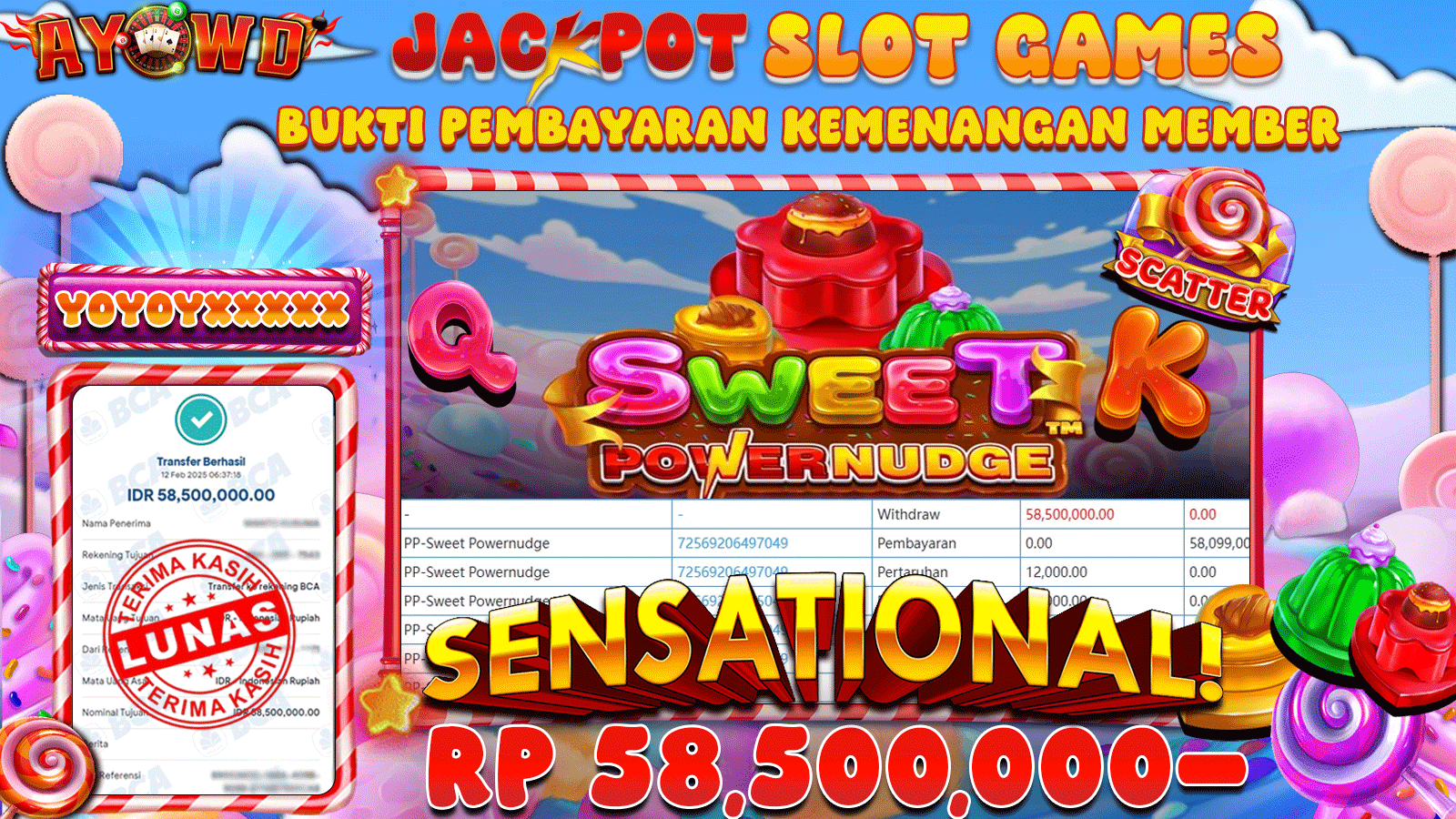 AYOWD JACKPOT SLOT GAMES PP-SWEET POWERNUDGE Rp 58,500,000,- LUNAS
