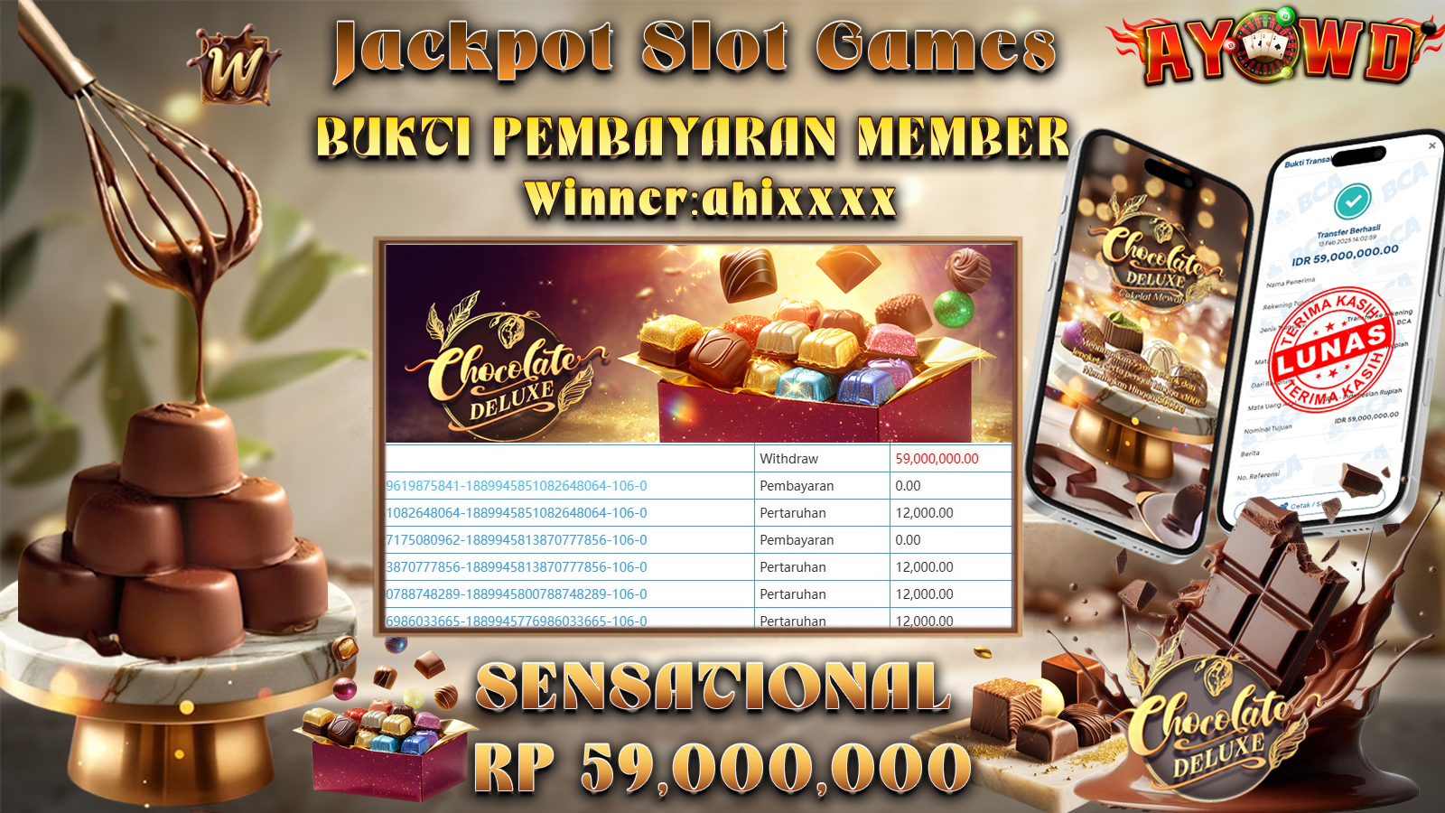 AYOWD JACKPOT SLOT GAMES PG-CHOCOLATE DELUXE Rp 59,000,000,- LUNAS
