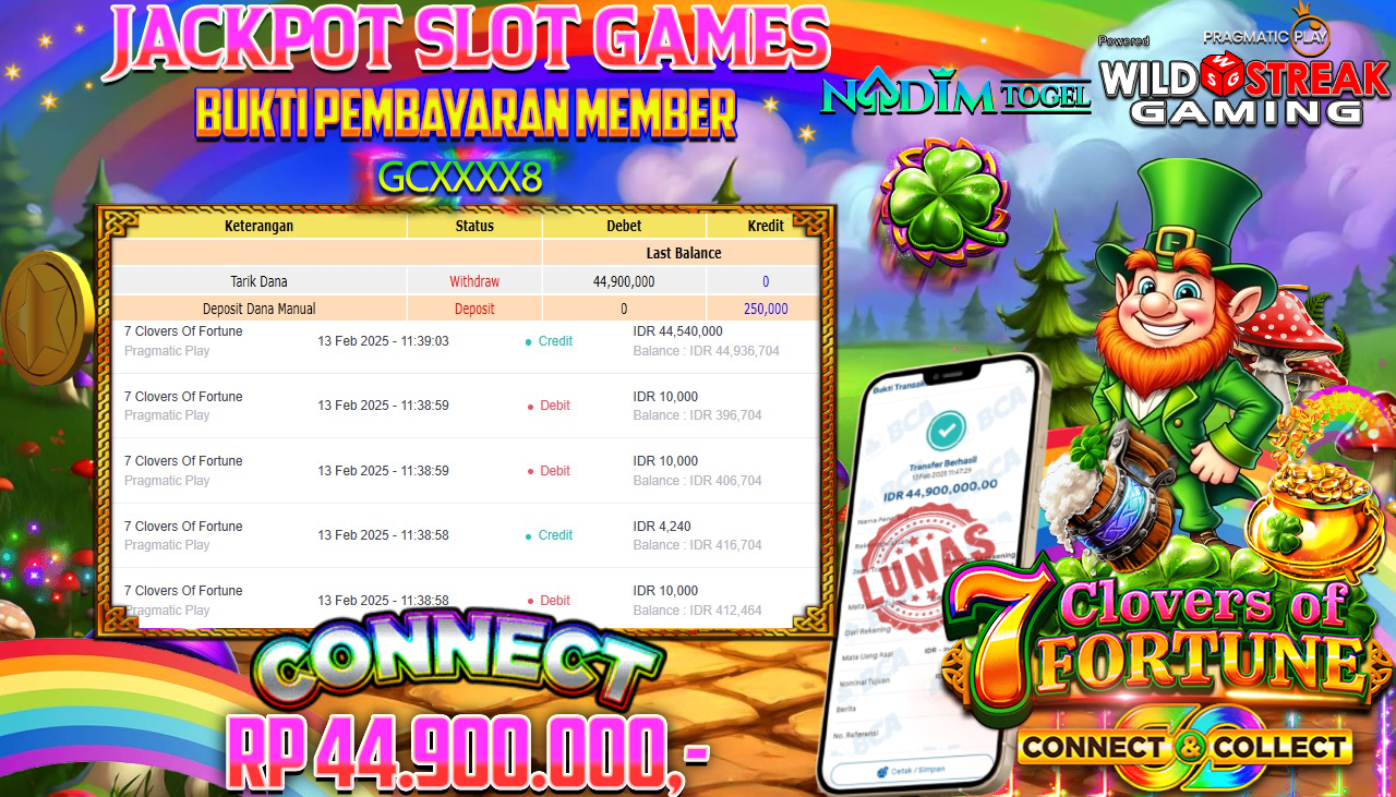 NADIMTOGEL JACKPOT SLOT 7 CLOVERS OF FORTUNE Rp.44.900.000,- LUNAS