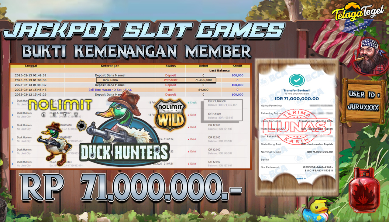 TELAGATOGEL JACKPOT SLOT DUCK HUNTERS Rp 71,000,000 ,- LUNAS