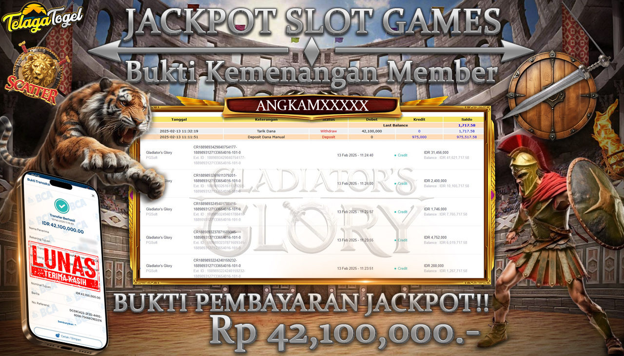 TELAGATOGEL JACKPOT SLOT GLADIATOR'S GLORY Rp 42,100,000 ,- LUNAS