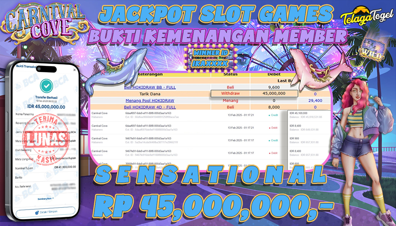 TELAGATOGEL JACKPOT SLOT CARNIVAL COVE Rp 45,000,000 ,- LUNAS
