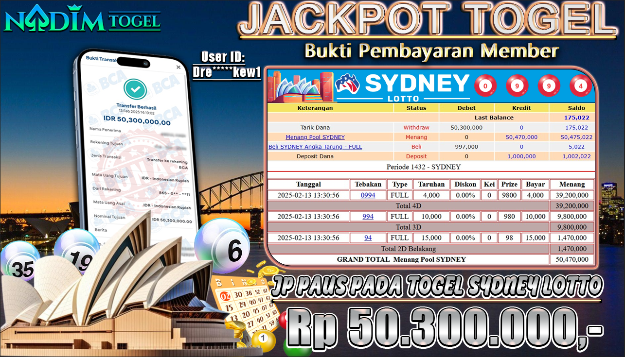 NADIMTOGEL JACKPOT TOGEL SYDNEY LOTTO Rp 50.300.000,- LUNAS