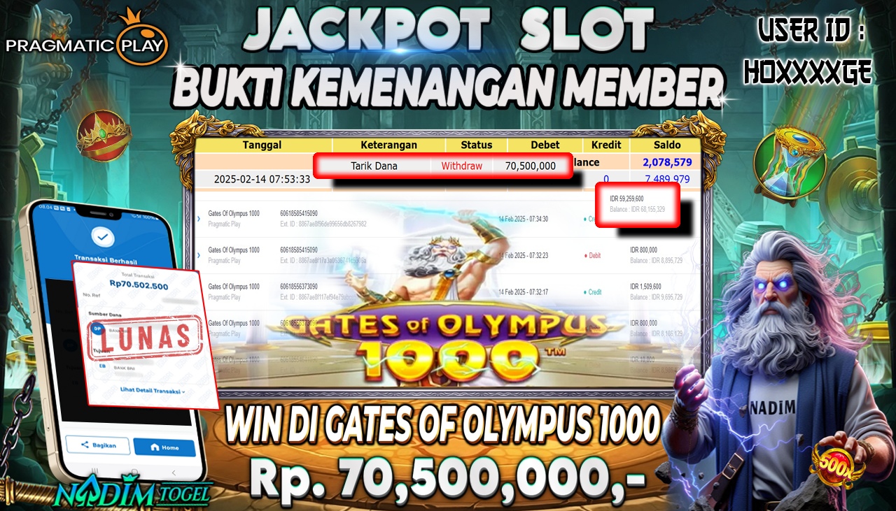 NADIMTOGEL JACKPOT SLOT GATES OF OLYMPUS 1000 Rp 70,500,000,- LUNAS