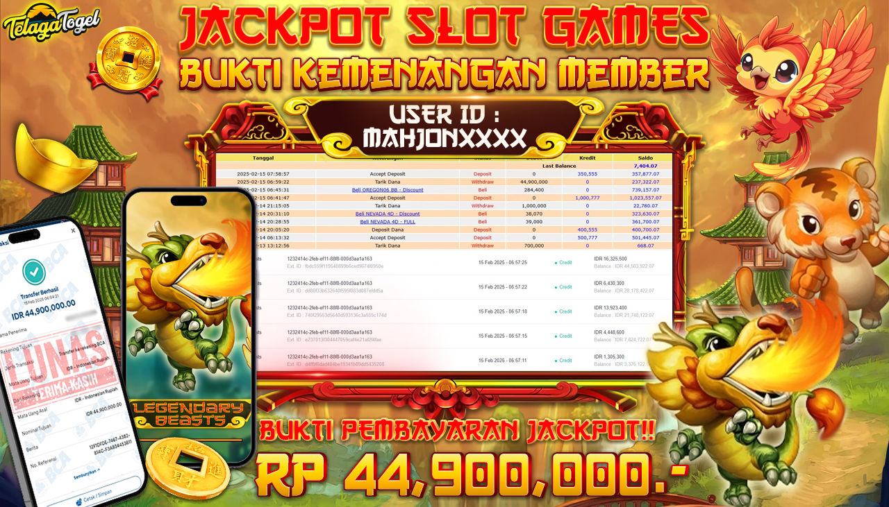 TELAGATOGEL JACKPOT SLOT LEGENDARY BEASTS Rp 44,900,000 ,- LUNAS