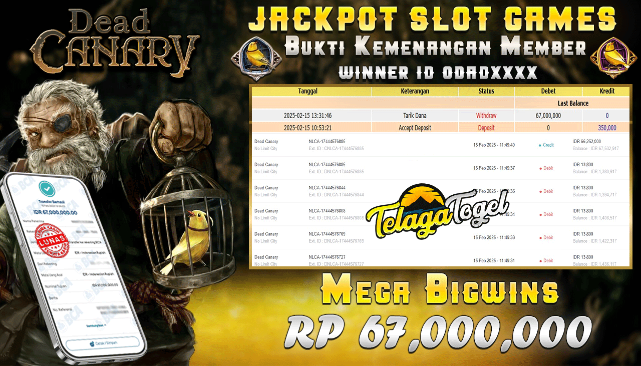 TELAGATOGEL JACKPOT SLOT DEAD CANARY Rp 67,000,000 ,- LUNAS