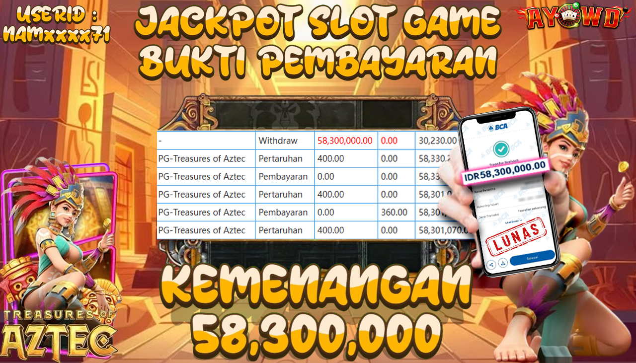 AYOWD JACKPOT SLOT GAMES PG-Treasures of Aztec Rp 58,300,000,- LUNAS