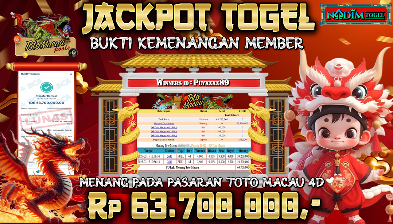 NADIMTOGEL JACKPOT TOGEL TOTO MACAU 4D Rp 63.700.000,- LUNAS