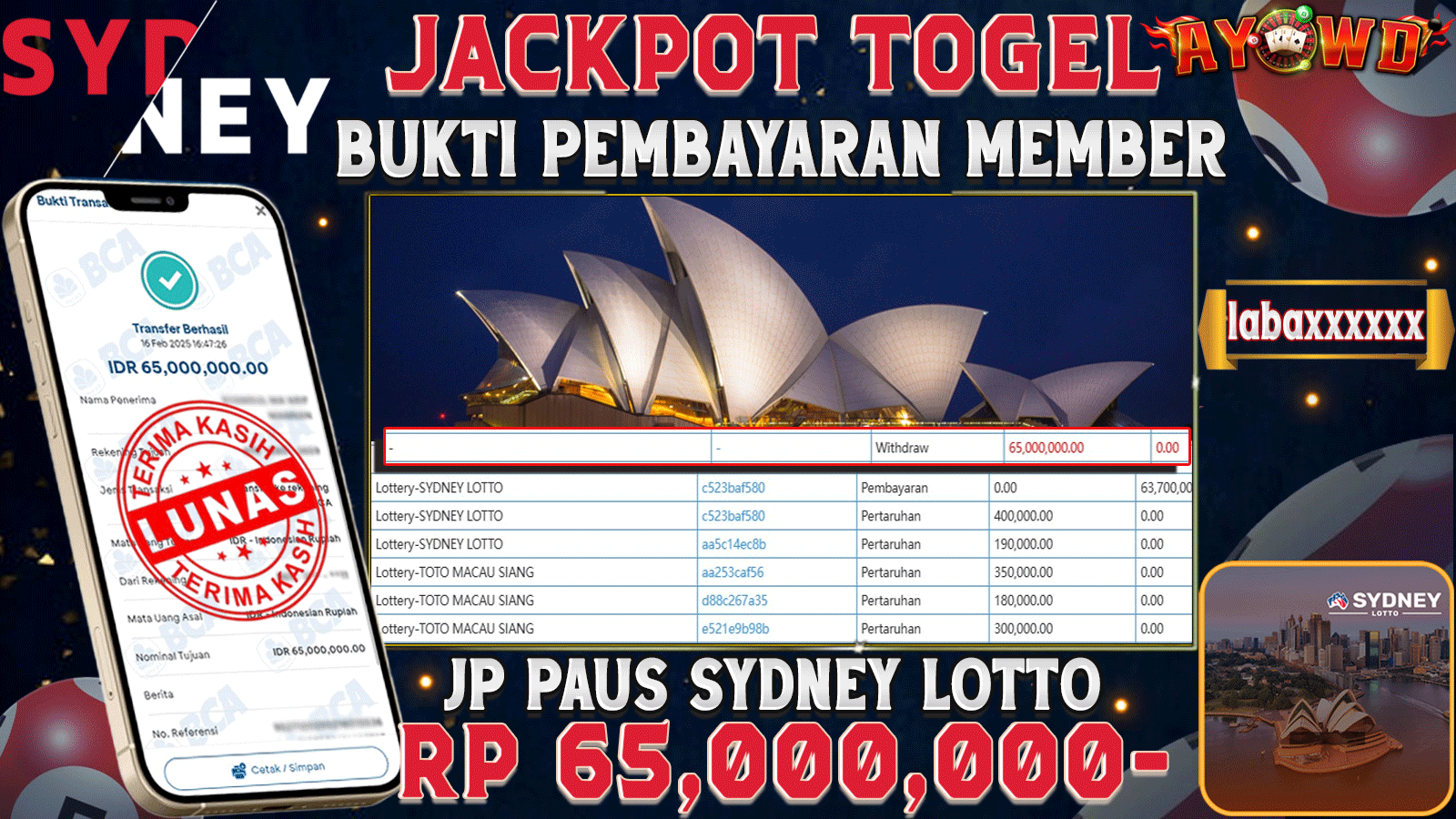 AYOWD JACKPOT TOGEL SYDNEY LOTTO Rp 65,000,000,- LUNAS