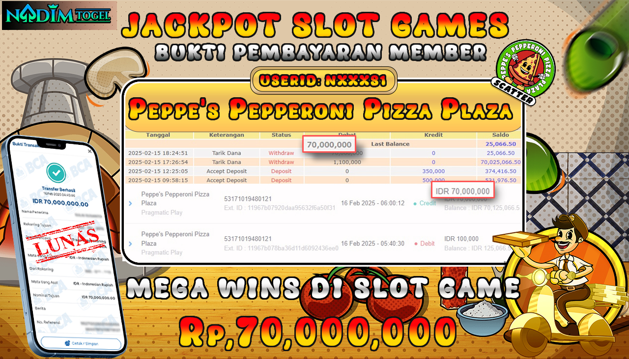 NADIMTOGEL JACKPOT SLOT PEPPE S PEPPERONI PIZZA PLAZA Rp 70,000,000,- LUNAS