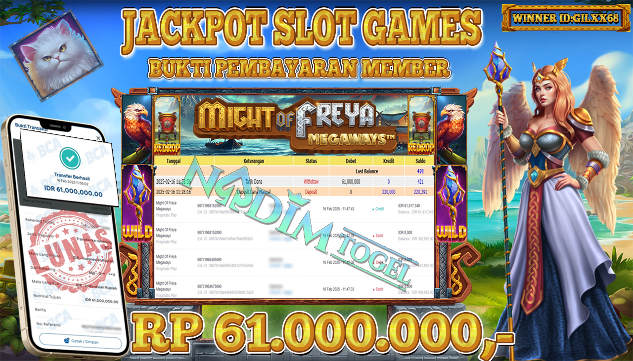 NADIMTOGEL JACKPOT SLOT MIGHT OF FREYA MEGAWAYS Rp.61,000,000,- LUNAS