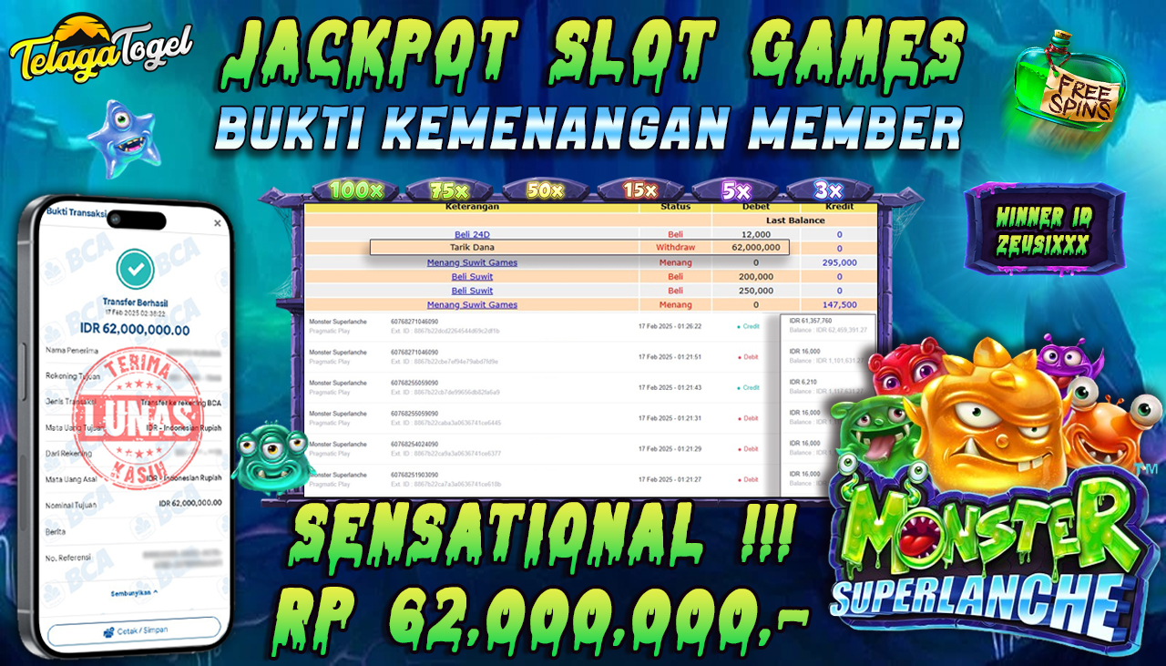 TELAGATOGEL JACKPOT SLOT MONSTER SUPERLANCHE Rp 62,000,000 ,- LUNAS