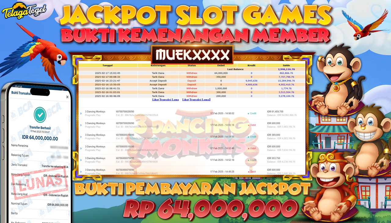 TELAGATOGEL JACKPOT SLOT 3 DANCING MONKEY Rp 64,000,000 ,- LUNAS