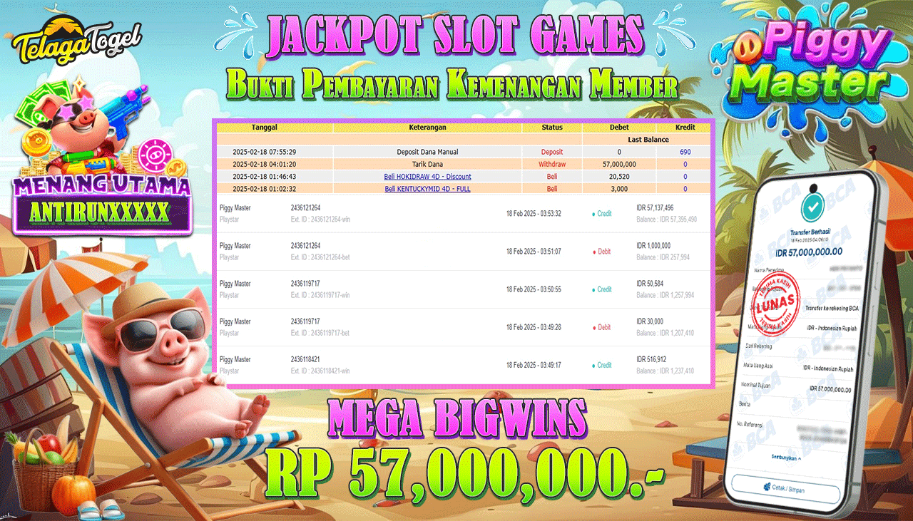 TELAGATOGEL JACKPOT SLOT PIGGY MASTER RP 57,000,000 ,- LUNAS