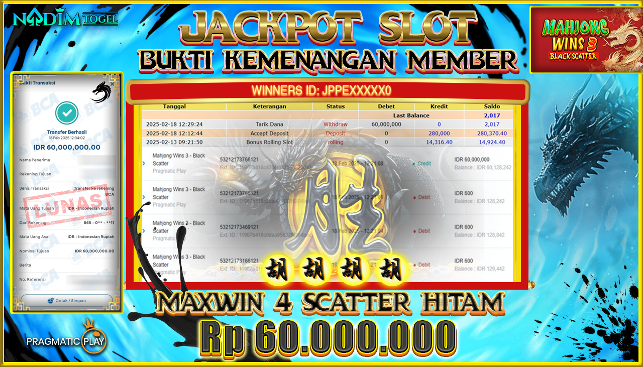 NADIMTOGEL JACKPOT SLOT MAHJONG WINS 3: BLACK SCATTER Rp 60,000,000,- LUNAS