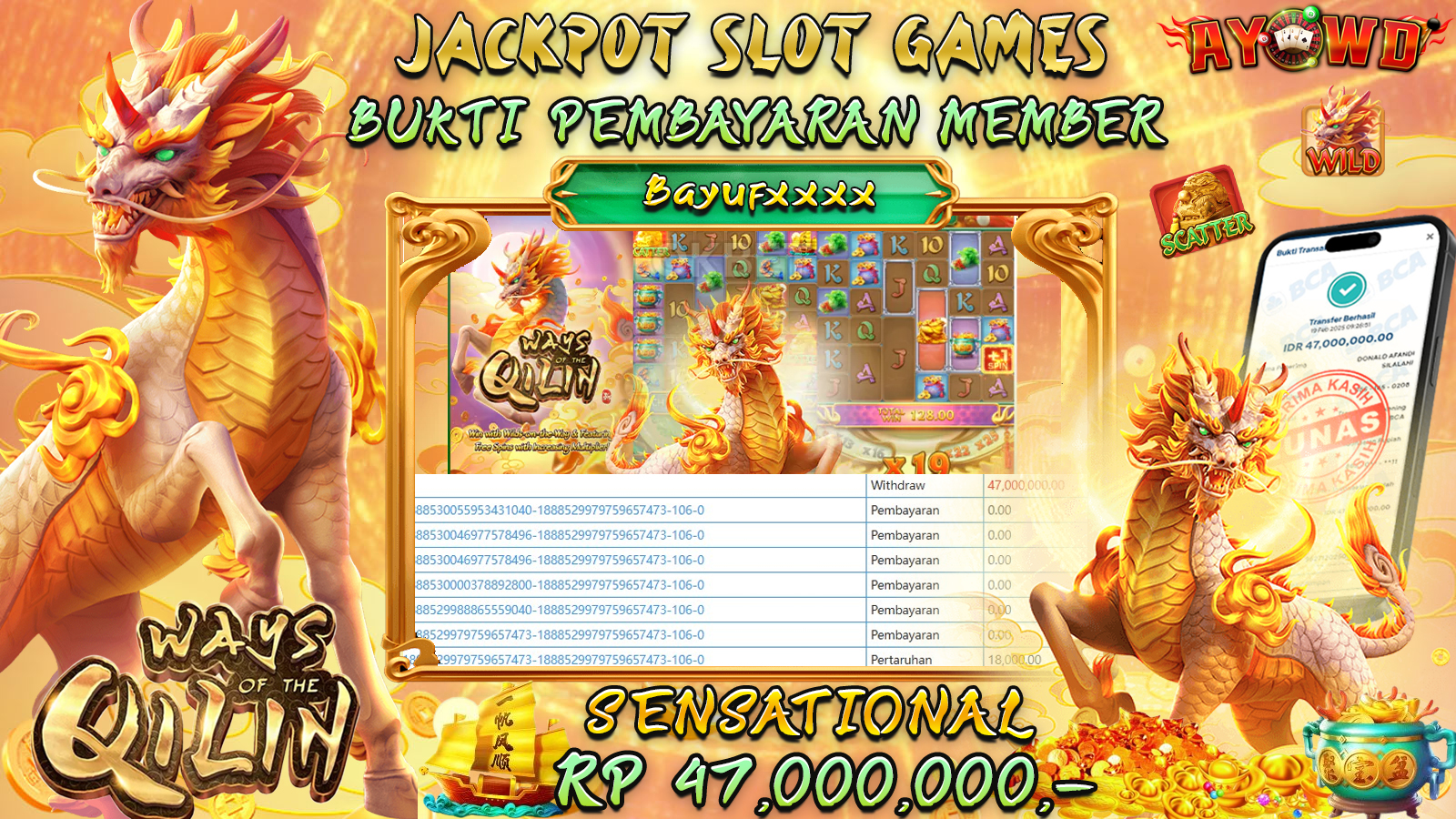 AYOWD JACKPOT SLOT GAMES PG-WAYS OF THE QILIN Rp 47,000,000,- LUNAS
